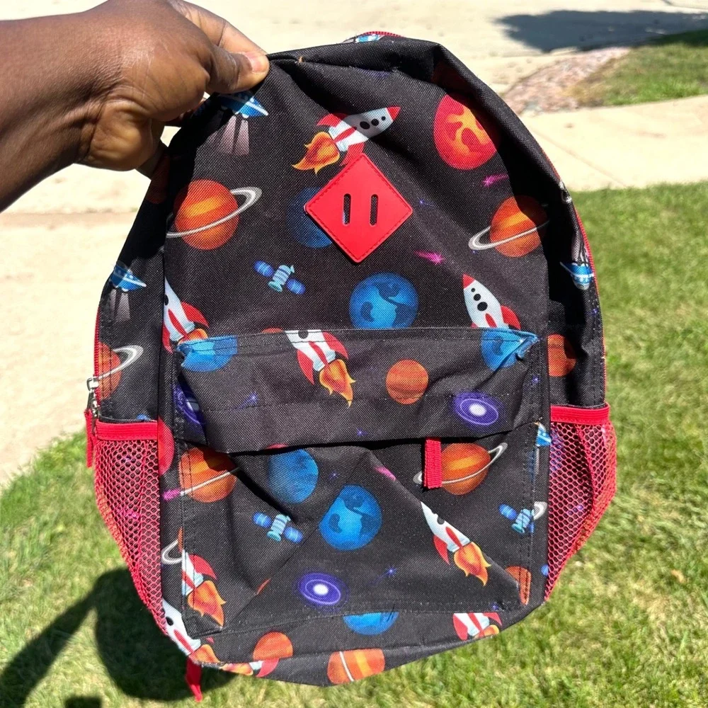 Solar System Space Rockets Planets Little Kids School Bag Backpack Black Red